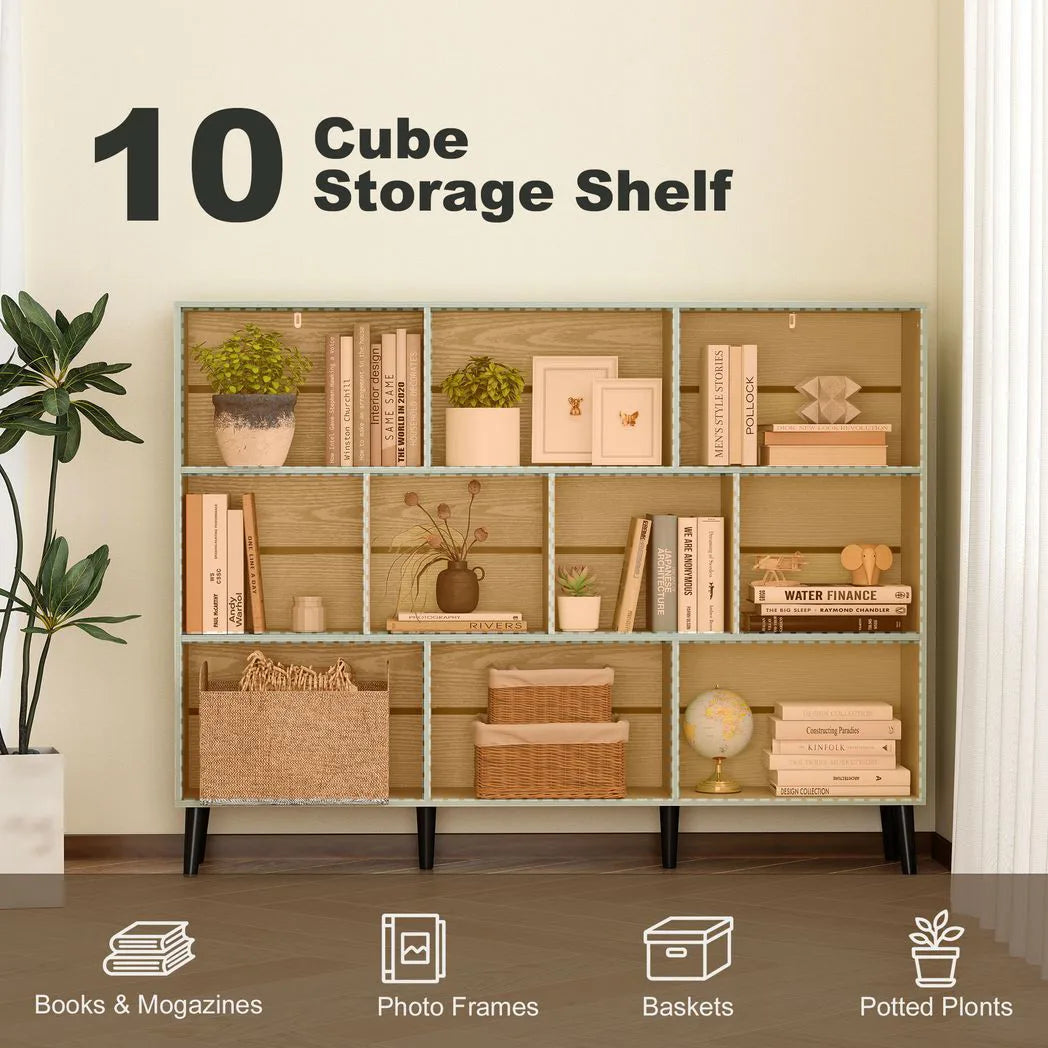 HOMCOM 10-Cube Bookcase with Solid Pine Legs & Anti-Tip Kit – 140 cm Nordic Bookshelf, Light Green