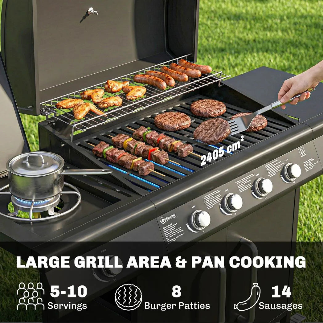 Outsunny 4 Burner Gas BBQ Grill with Storage Cabinet, 15.2 kW, Side Table & Warming Rack – Propane Barbecue Trolley on Wheels