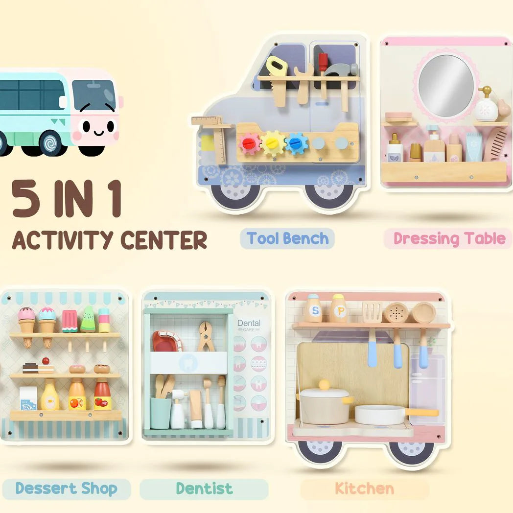 AIYAPLAY Wooden Busy Board with 5 Role Play Scenes – Wall Mounted Activity Panels for Kids, Truck Design