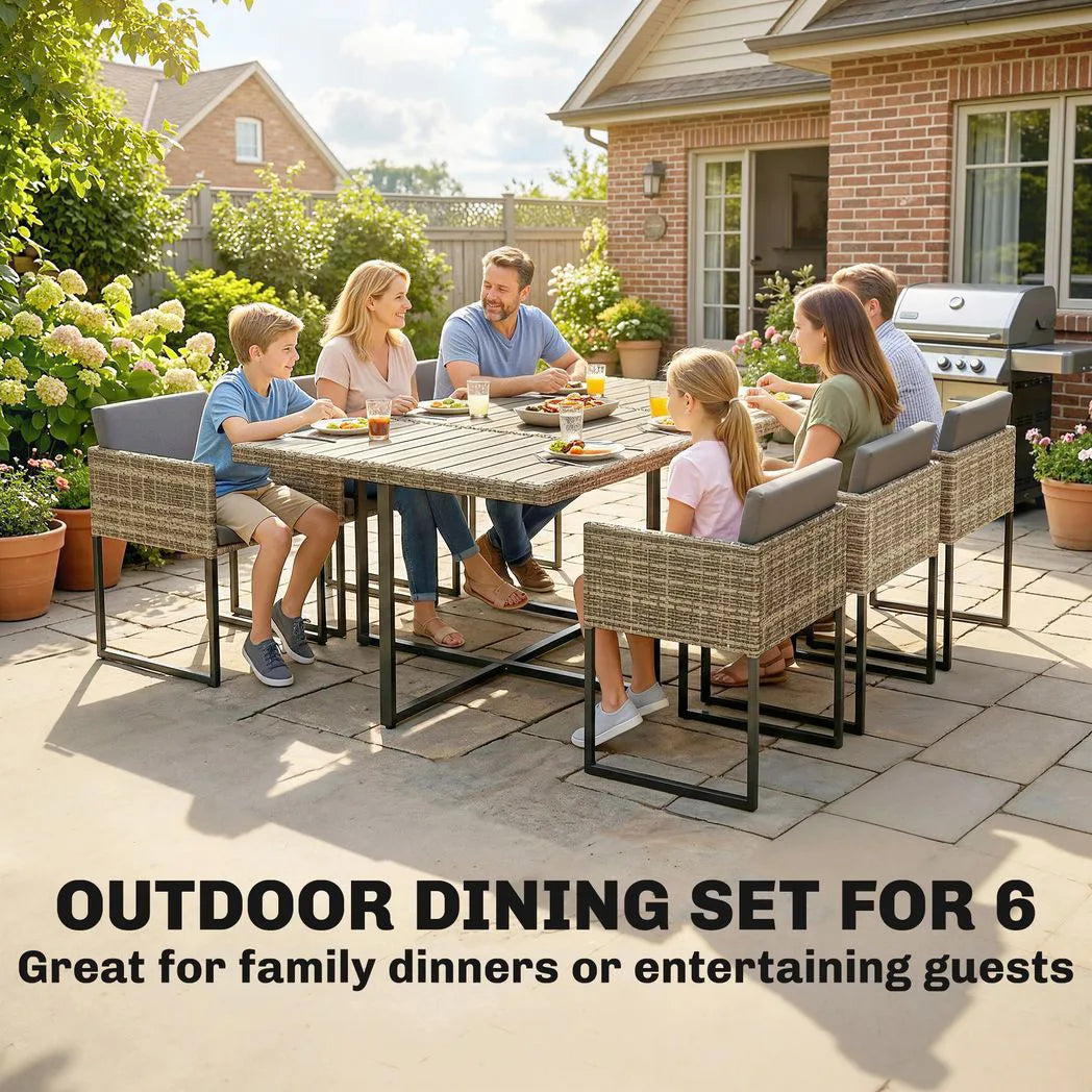 Outsunny 7 Piece Rattan Garden Dining Set with Wood-Plastic Table and 6 Stackable Chairs – Light Brown