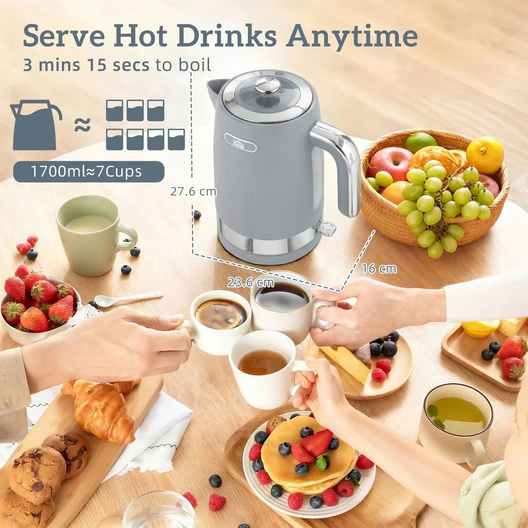 HOMCOM Textured Kettle and 4-Slice Toaster Set, 1.7L 3000W Rapid Boil Kettle – Kitchen Set, Grey