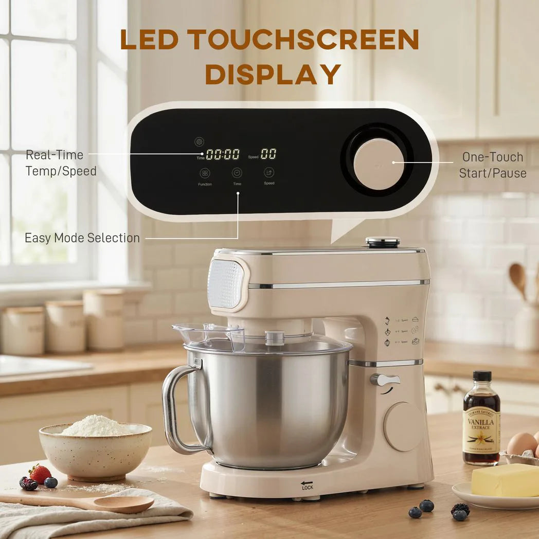 HOMCOM 6L 1400W Tilt-Head Stand Mixer with 11 Speeds, Pulse and Fermentation Function – LED Display, Cream