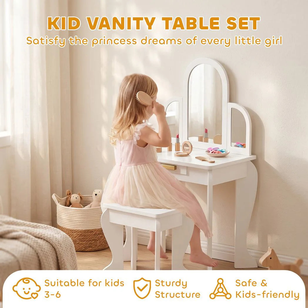 HOMCOM Kids Dressing Table and Stool Set with Mirror & Storage Drawer – Girls Vanity Table, Ages 3-6, White