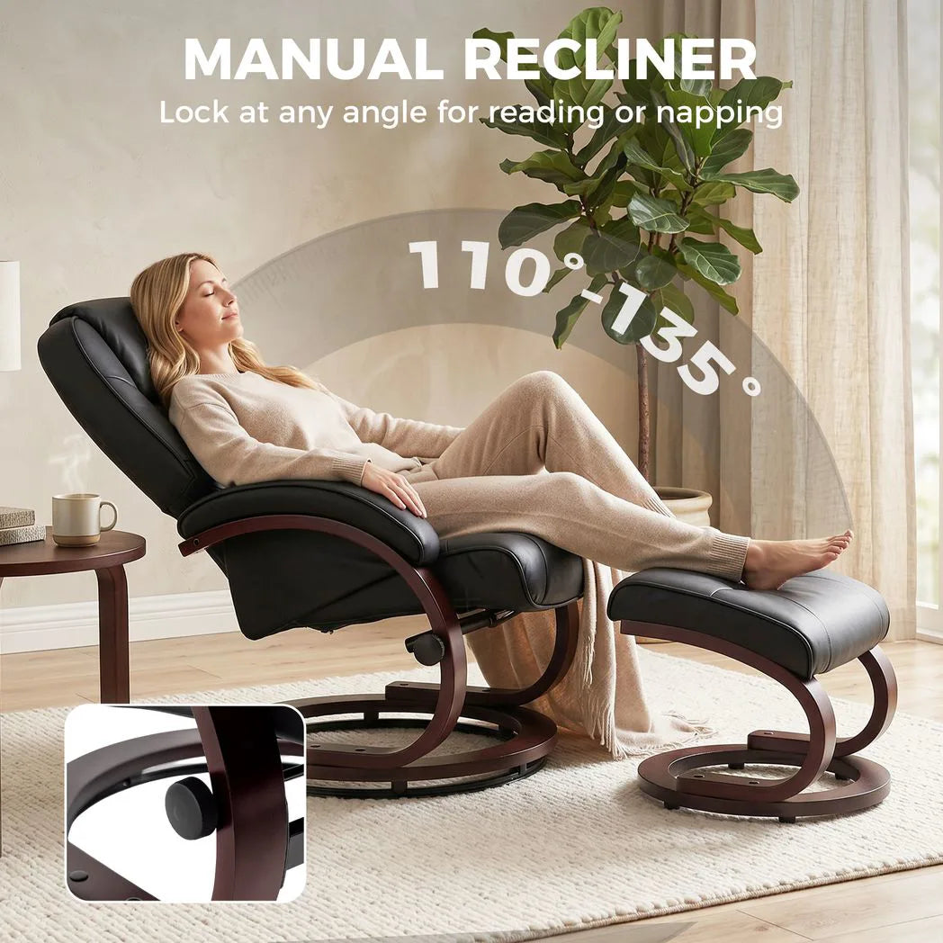 HOMCOM Swivel Recliner Chair with Footstool – PU Leather Armchair with Adjustable Back and Wood Frame, Black