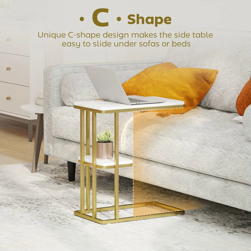 HOMCOM C-Shaped Narrow Side Table with 2-Tier Storage – Slim Sofa Table or Nightstand, White Marble Effect