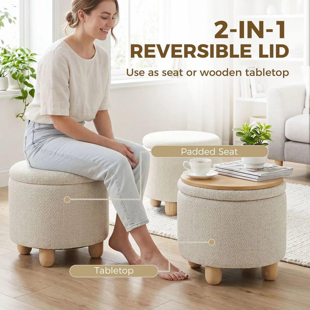 HOMCOM Round Storage Ottoman with Reversible Lid and Rubberwood Legs – 19L Sitting Bench, Beige
