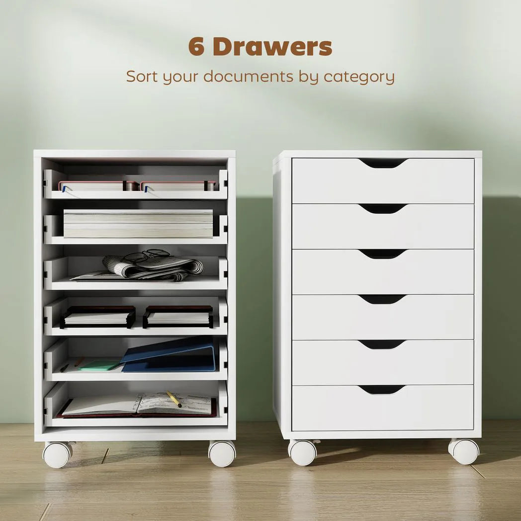 HOMCOM 6-Drawer Vertical File Cabinet with Quiet Runners & Lockable Wheels – Mobile Under Desk Storage, White