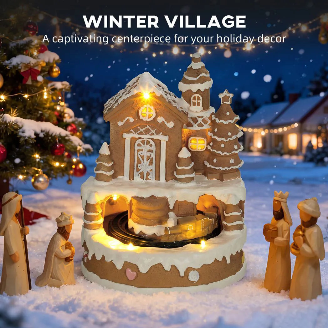 HOMCOM Christmas Gingerbread House with Rotating Train, LEDs & 8 Tunes – Lighted Musical Snow Village