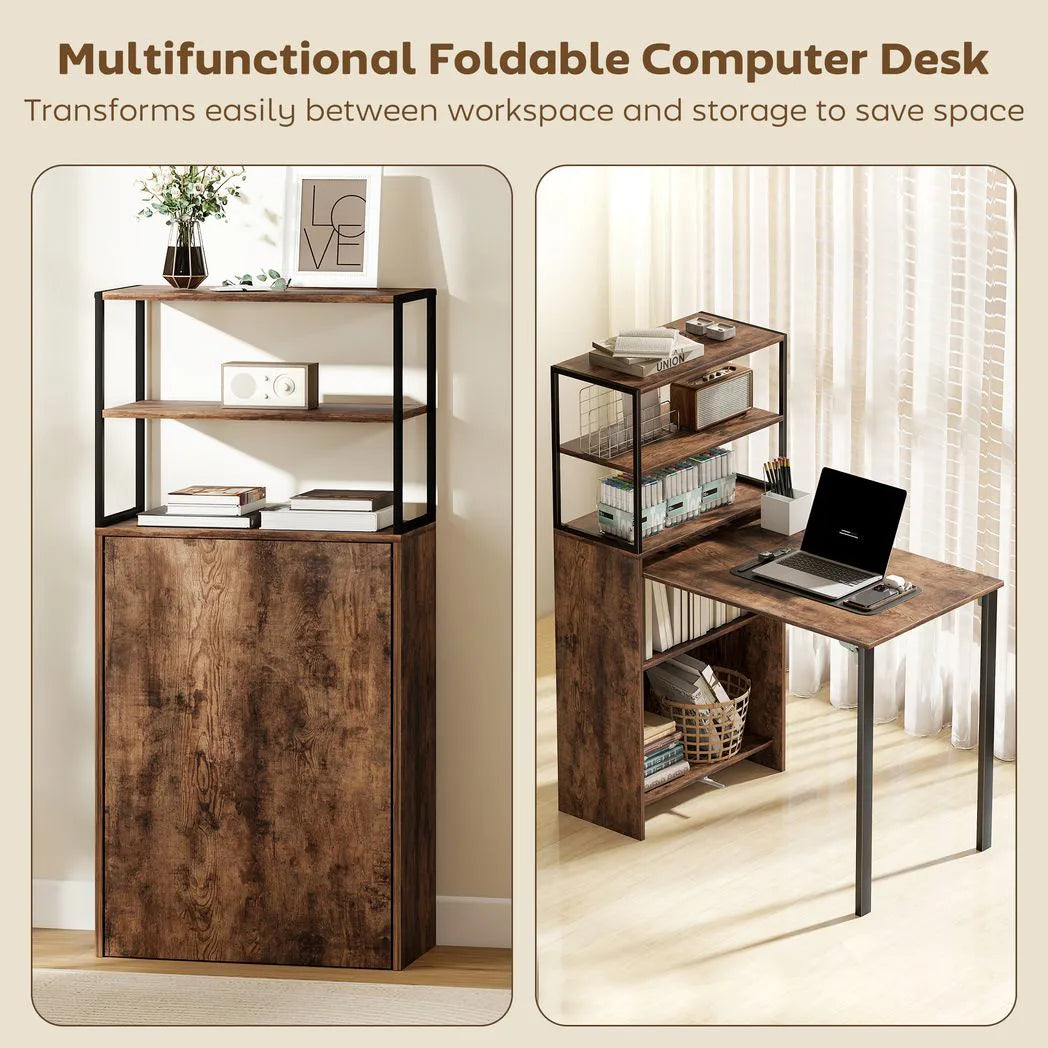 HOMCOM Folding Shelf and Work Table with 4-Tier Shelving and Steel Frame – Space-Saving Home Office Desk