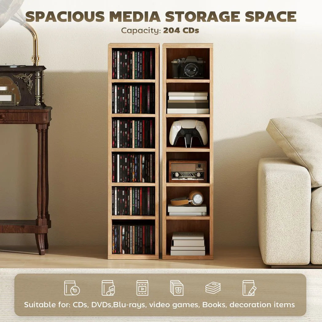 HOMCOM Set of 2 CD Storage Towers with Adjustable Shelves – Slim Media Display Rack for 204 CDs, Natural
