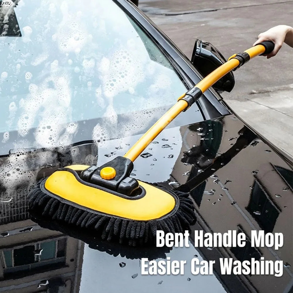 Telescopic Car Wash Brush Kit with Long Handle and 2 Microfibre Mop Heads – 15° Curved, 90° Rotating