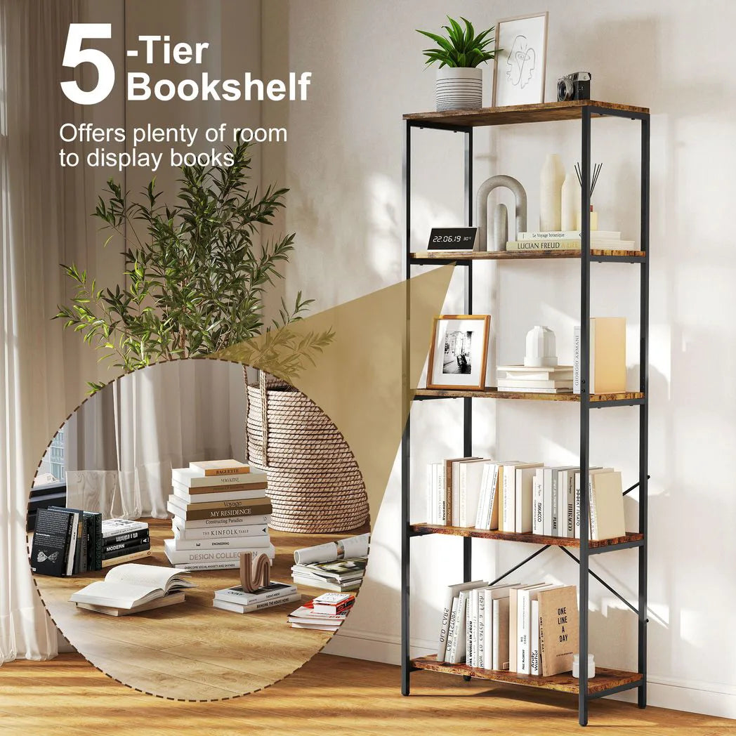 HOMCOM 5-Tier Industrial Bookcase with Metal Frame and Anti-Tipping Straps – Display Shelf, Rustic Brown and Black