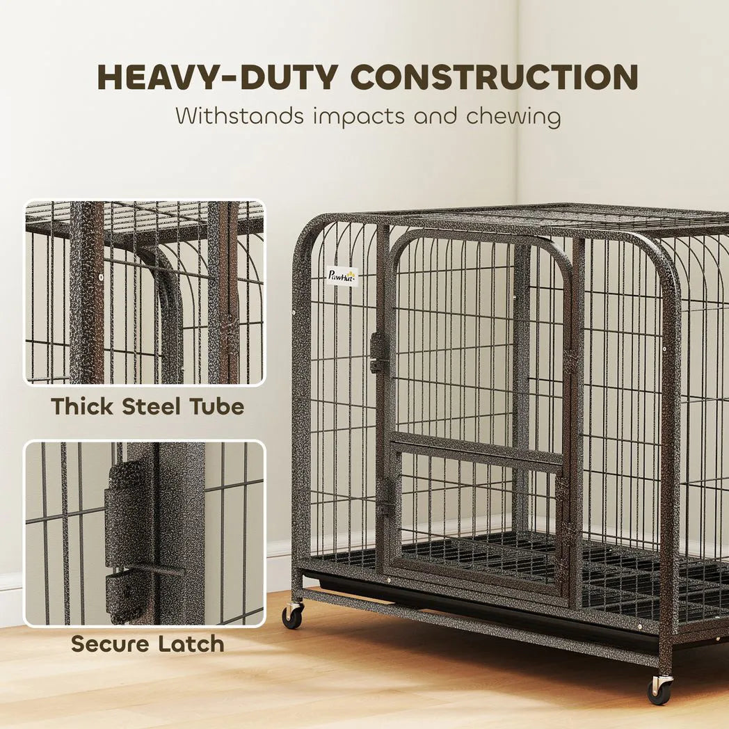PawHut Heavy Duty Dog Crate, 93 x 58 x 76 cm – Triple Door Dog Cage with Wheels for Small to Medium Breeds
