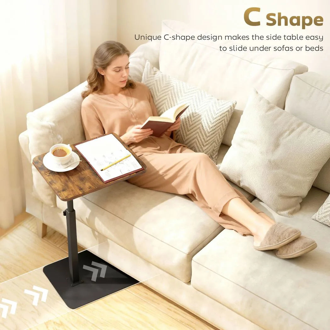 HOMCOM C Shaped Side Table with Adjustable Height 44.5–79 cm – Small End Table with Metal Base, Rustic Brown