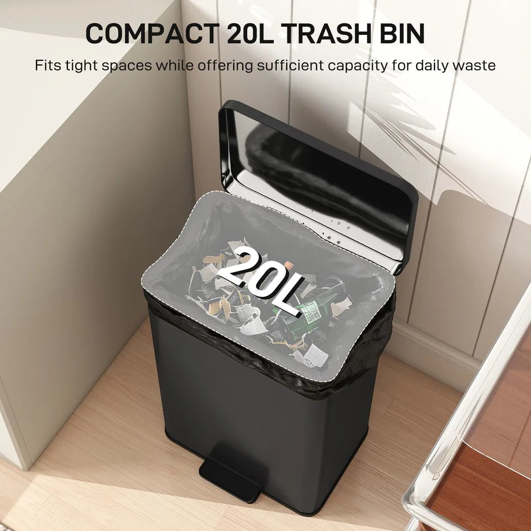 HOMCOM 20L Stainless Steel Kitchen Pedal Bin with Soft-Close, Stay-Open Lid and Removable Bucket, Matte Black