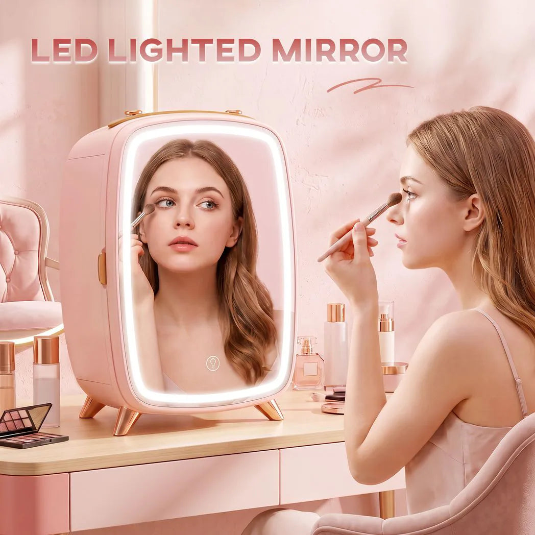 HOMCOM 6L Mini Skincare Fridge with LED Mirror and Touchscreen, Quiet 26dB Cooling โ Pink