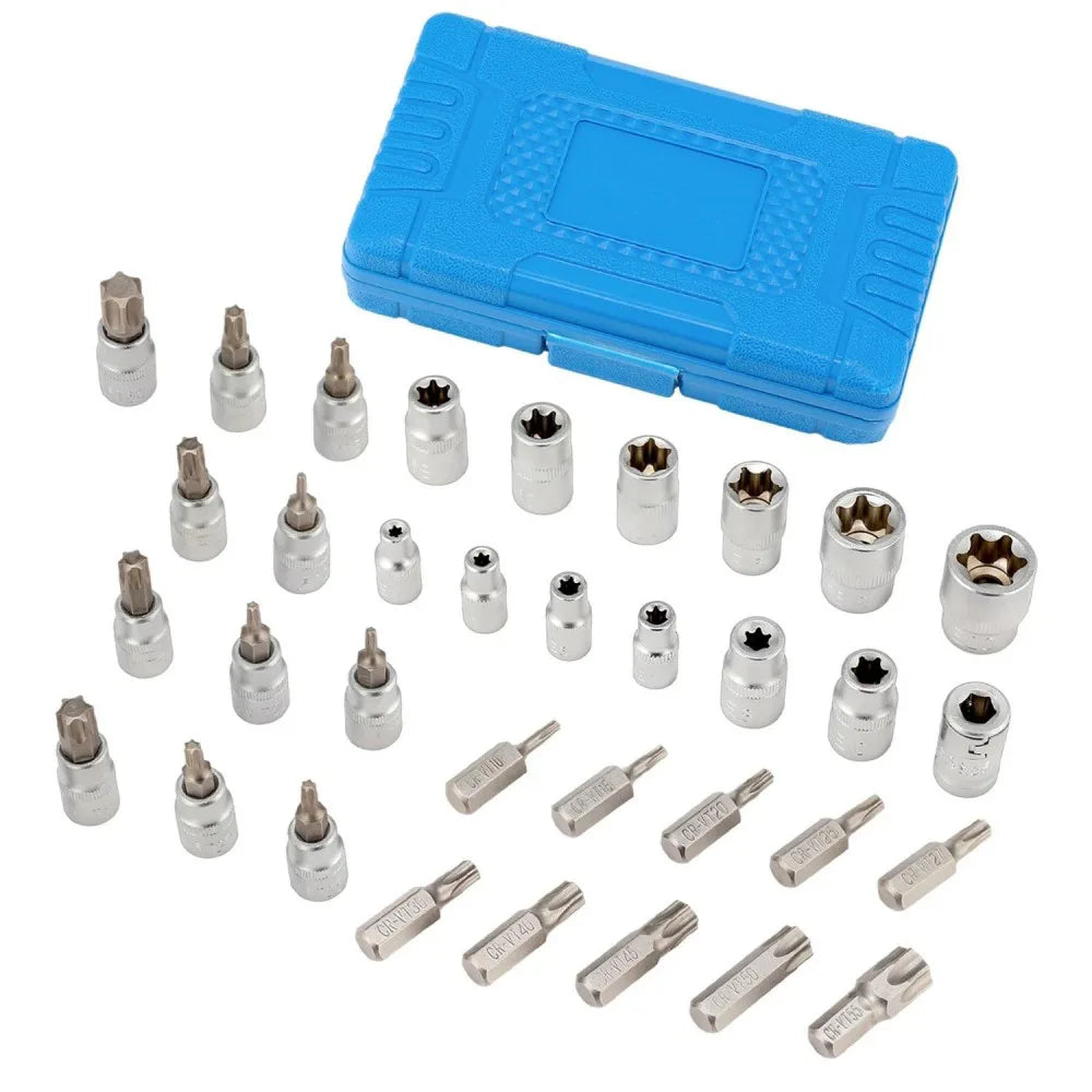 34-Piece Torx Star Socket & Bit Set with E-Torx and Tamper-Proof Bits – Storage Case Included