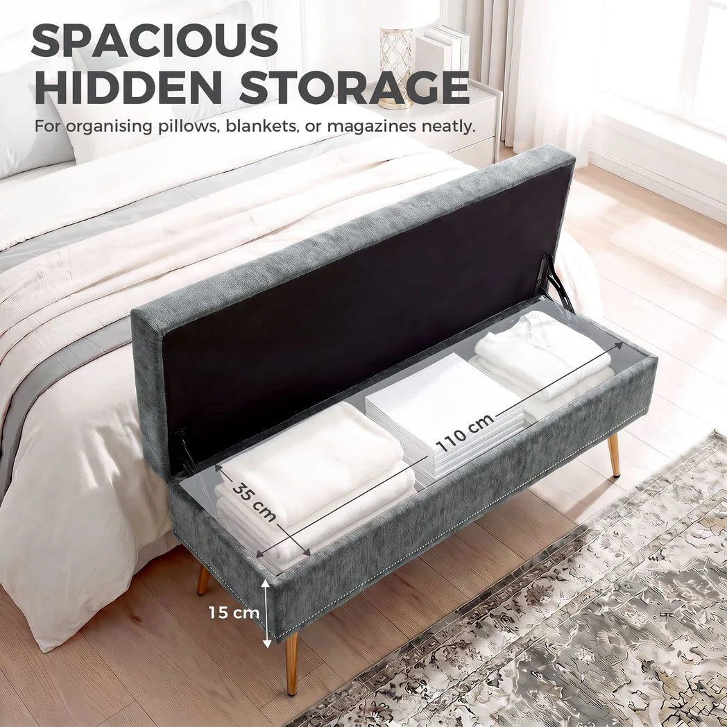 HOMCOM Chenille Storage Ottoman Bench with Padded Seat and Metal Legs, 114 x 41 x 45cm – End of Bed Seat, Grey