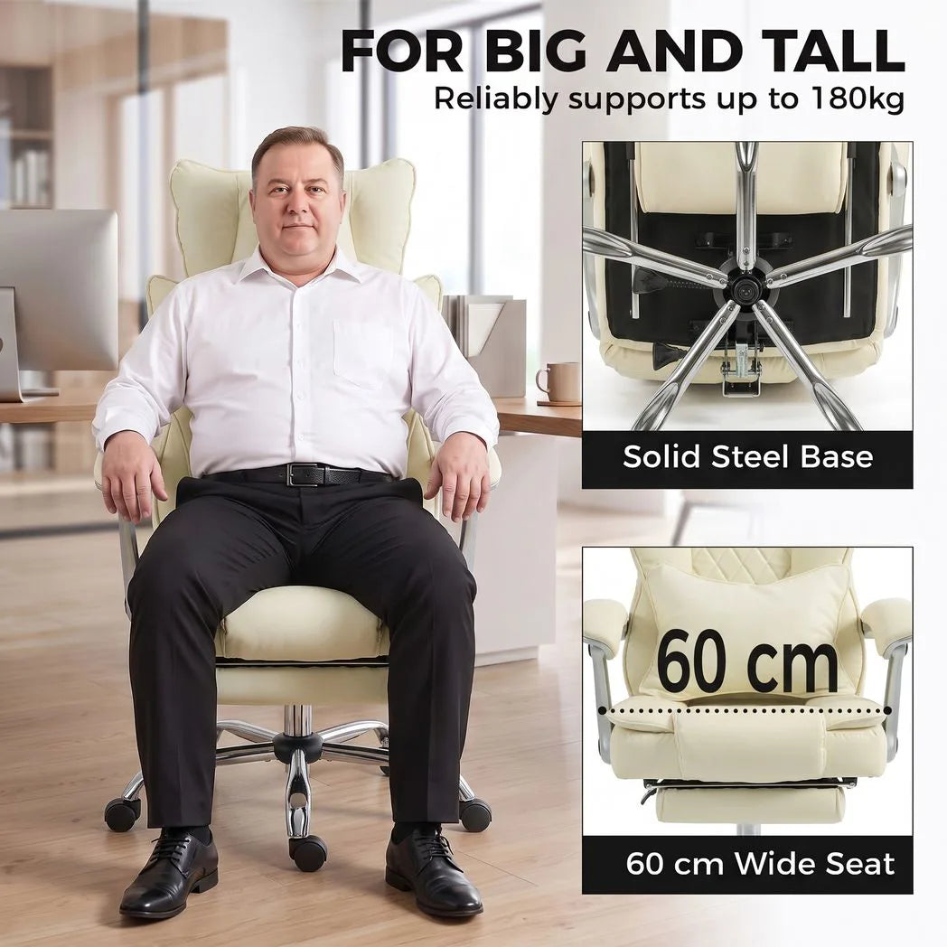 HOMCOM Executive Big and Tall Office Chair, 180kg Capacity, Reclining PU Leather with Footrest, Beige