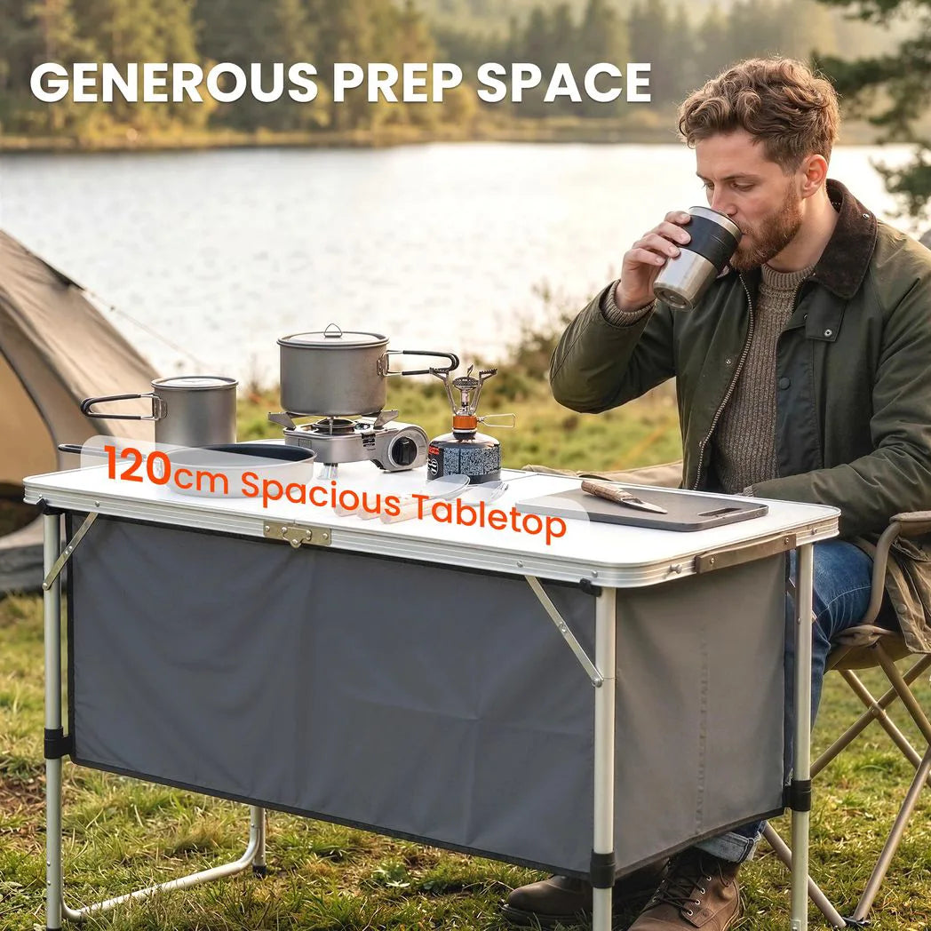 Outsunny Folding Aluminium Camping Kitchen with Storage Cupboard and 120cm Tabletop – Outdoor BBQ Unit