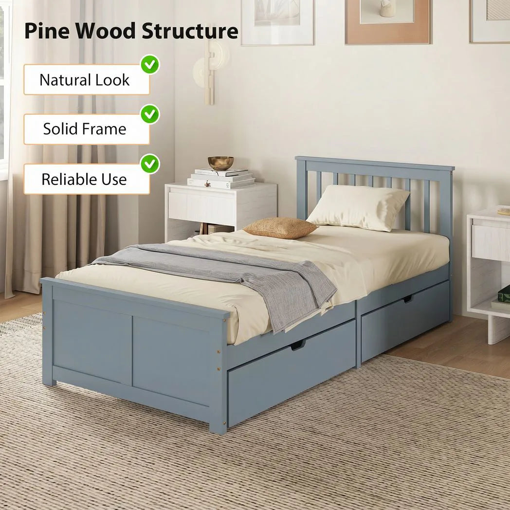 HOMCOM 3ft Single Pine Storage Bed Frame with 2 Wheeled Drawers, Headboard & Slats – Solid Wood, Grey