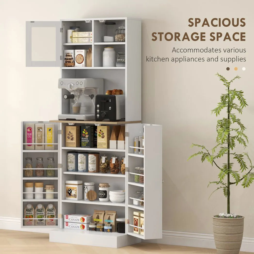 HOMCOM Two-Part Kitchen Storage Cabinet with Microwave Space, Adjustable Shelves & Frosted Glass Door – White