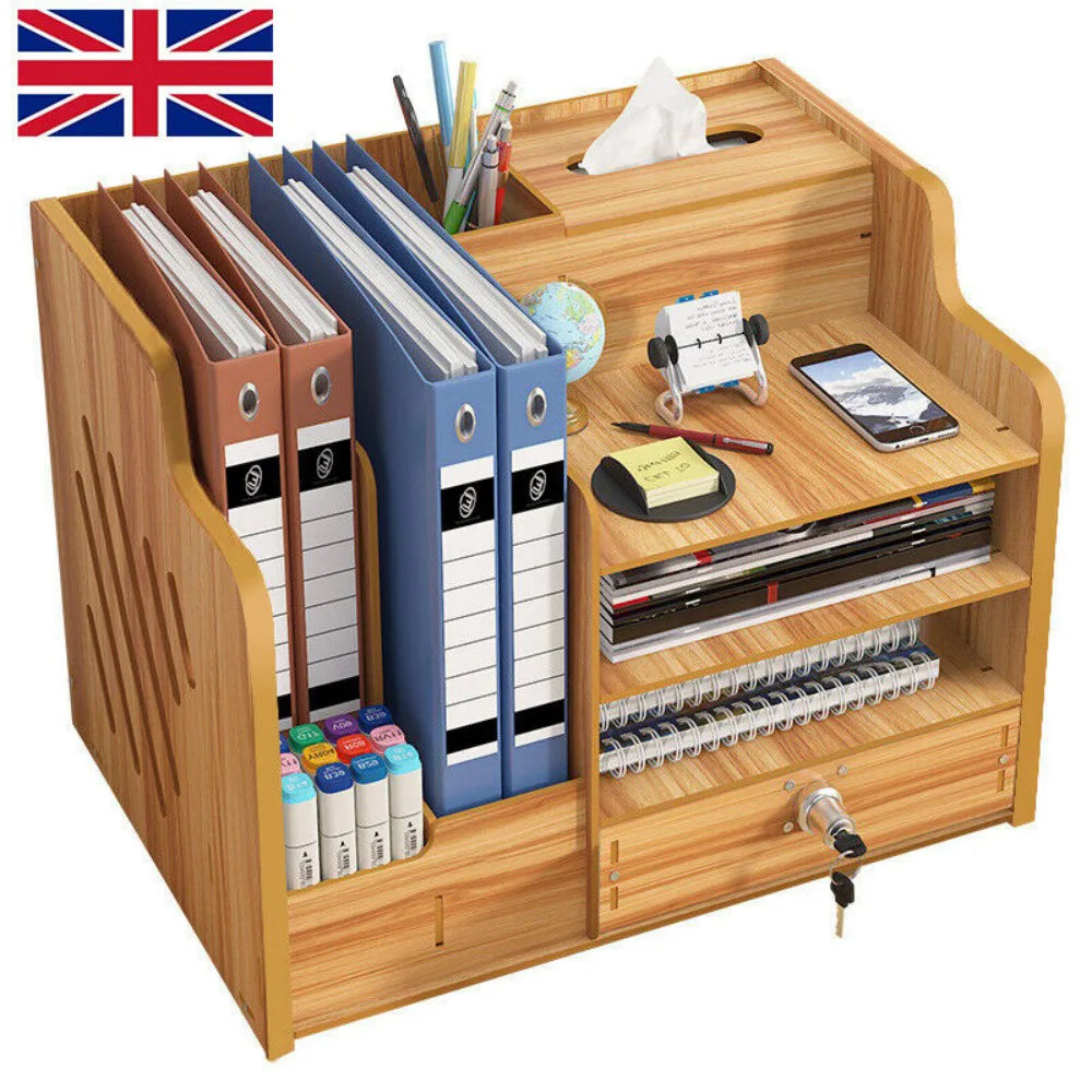 Wooden Desk Organiser – Tabletop Stationery Tidy Stand for Home and Office