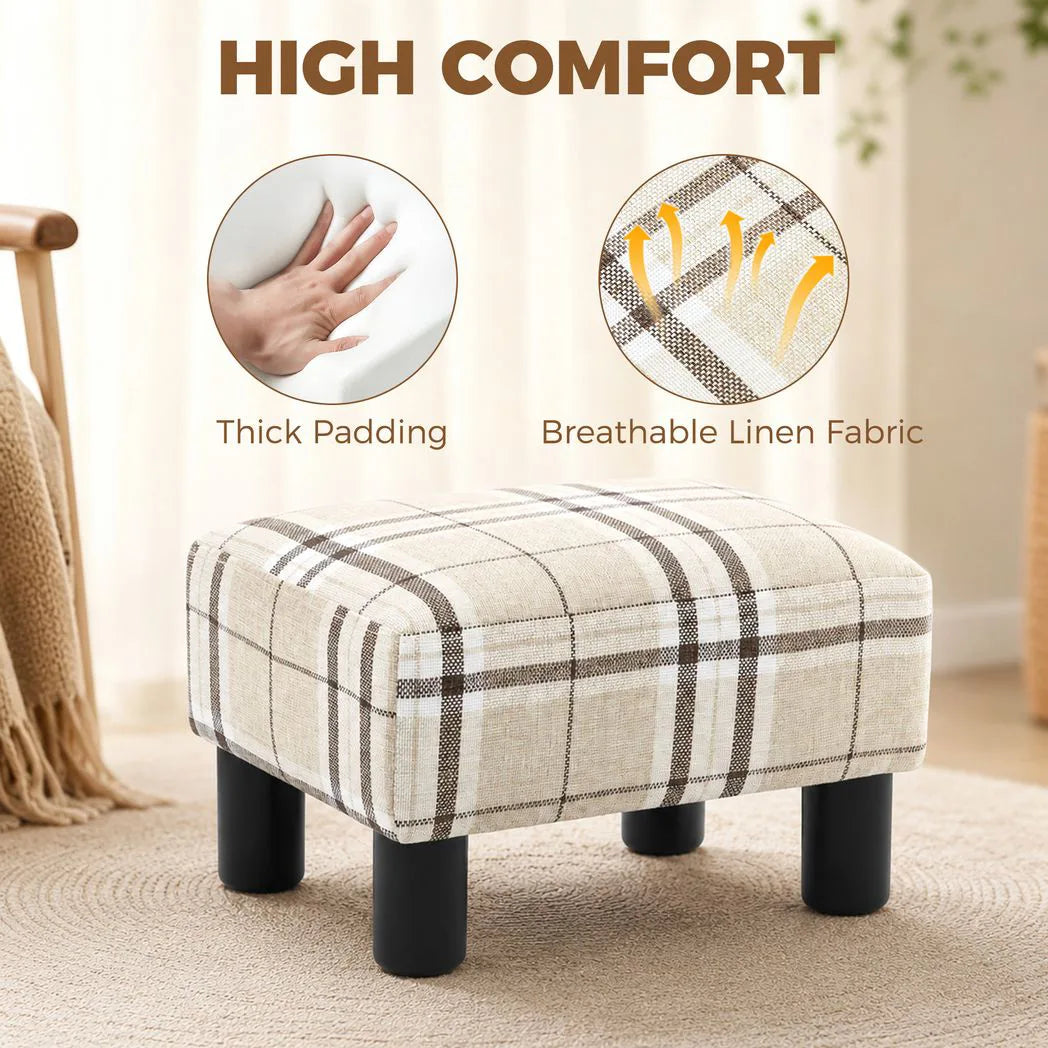 HOMCOM Linen Fabric Footstool Ottoman Cube with Padded Seat and Wooden Frame – Bedroom Stool, Multi-Colour