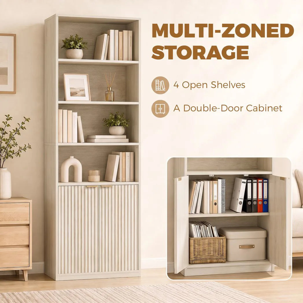 HOMCOM Slim Bookcase with Open Cubbies, Double-Door Cabinet & Adjustable Shelf – Anti-Tip Storage, Oak Wood Effect