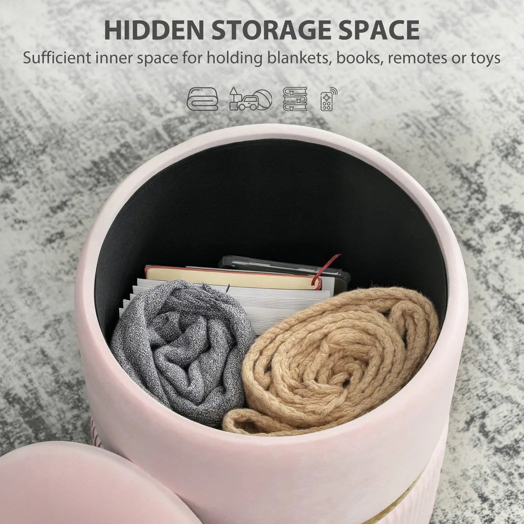 HOMCOM Velvet-Feel Round Storage Ottoman with Cushioned Top – Footstool and Hidden Storage, Pink