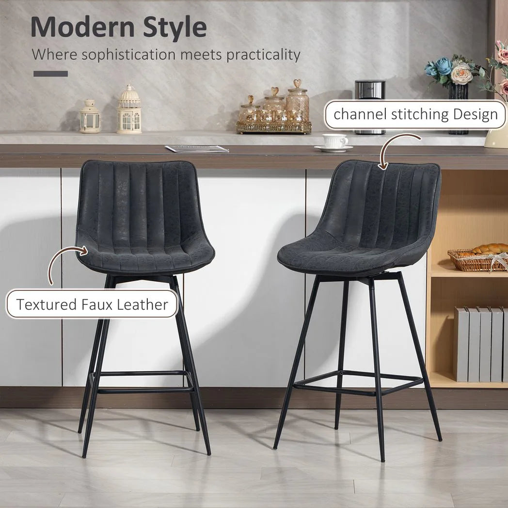HOMCOM Set of 2 PU Leather Swivel Bar Stools with Channel Stitching – Kitchen Breakfast Bar, Black