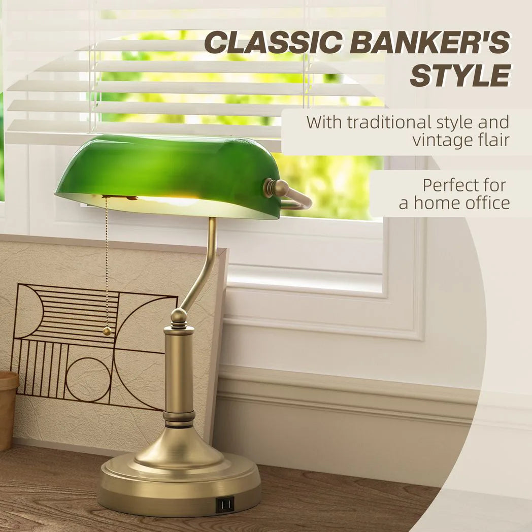 HOMCOM Banker's Desk Lamp with USB-A and Type-C Ports, Pull Rope Switch – Bronze-Tone Base, Green Shade