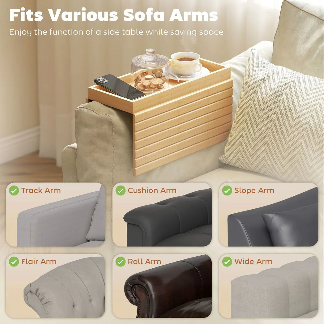 HOMCOM Bamboo Sofa Arm Tray with Deep Groove – Foldable Anti-Slip Armrest Table for Drinks and Snacks, Natural