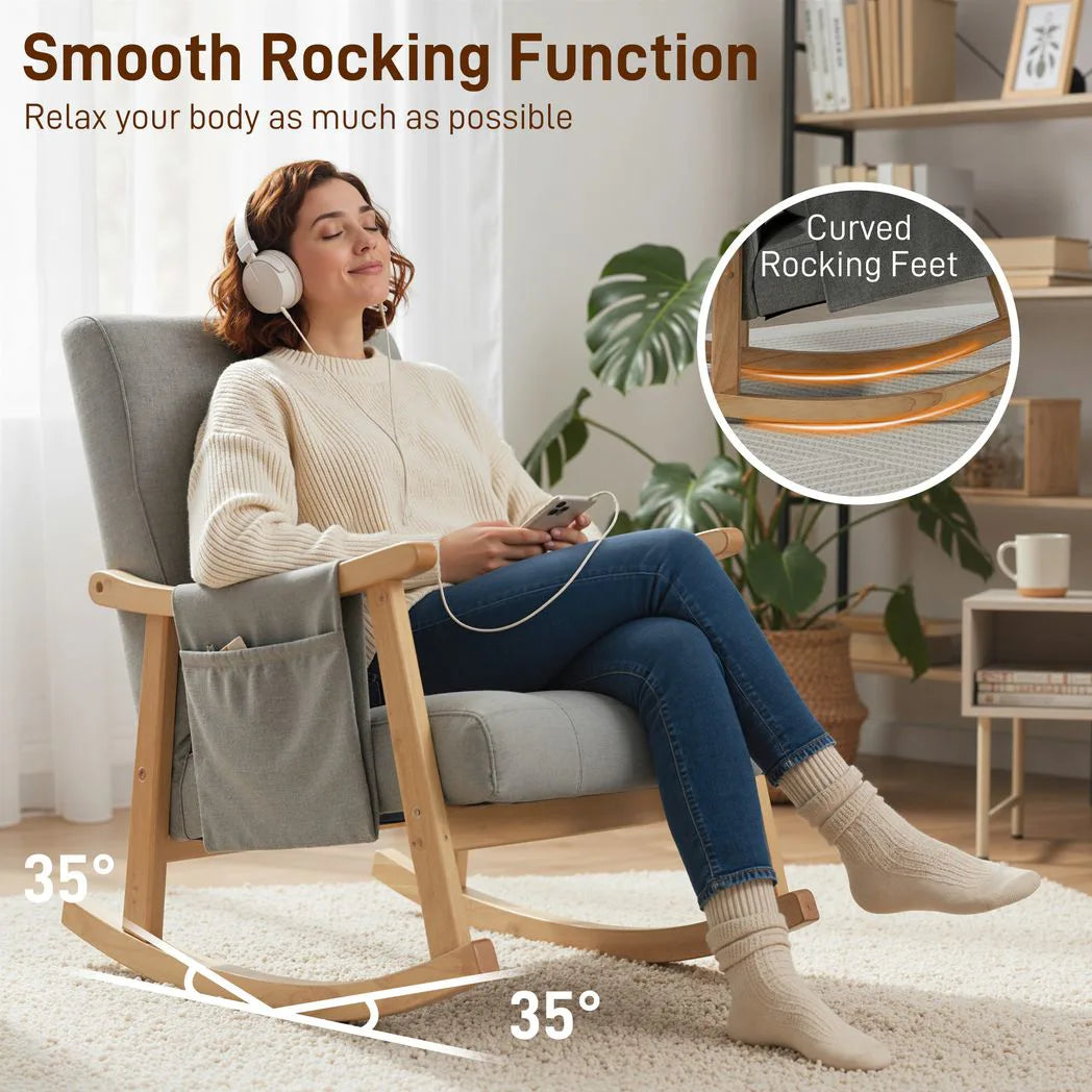 HOMCOM Wood Frame Rocking Accent Chair with 35° Rocking Base, Thick Padding and Side Pocket – Light Grey