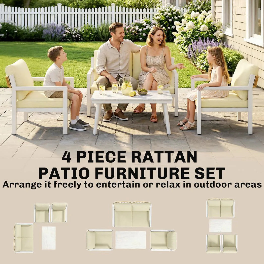 Outsunny 4-Seater Rattan Garden Furniture Set with 2 Armchairs, Loveseat, Coffee Table and Cushions – Beige