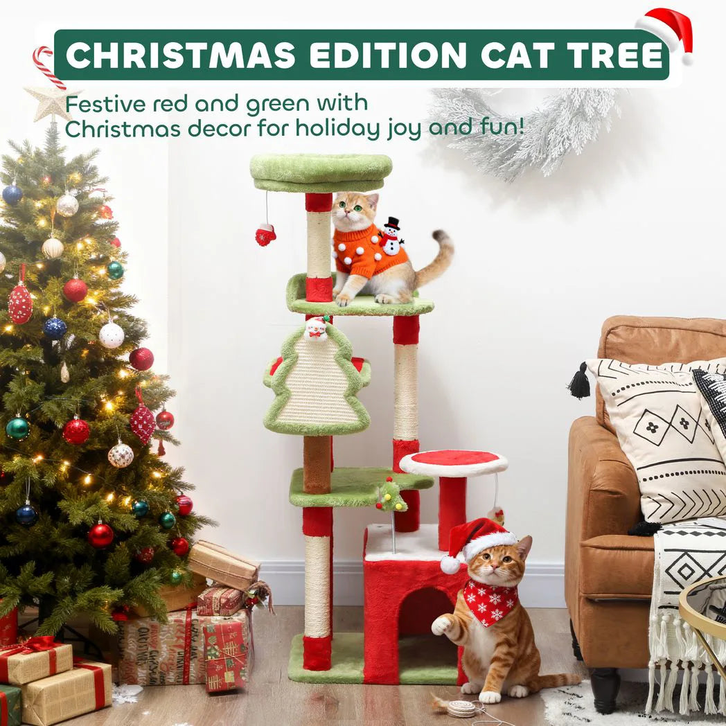 PawHut 120cm Christmas Cat Tree with 3 Scratching Posts, Perches & Hanging Toys – Festive Tower, Green