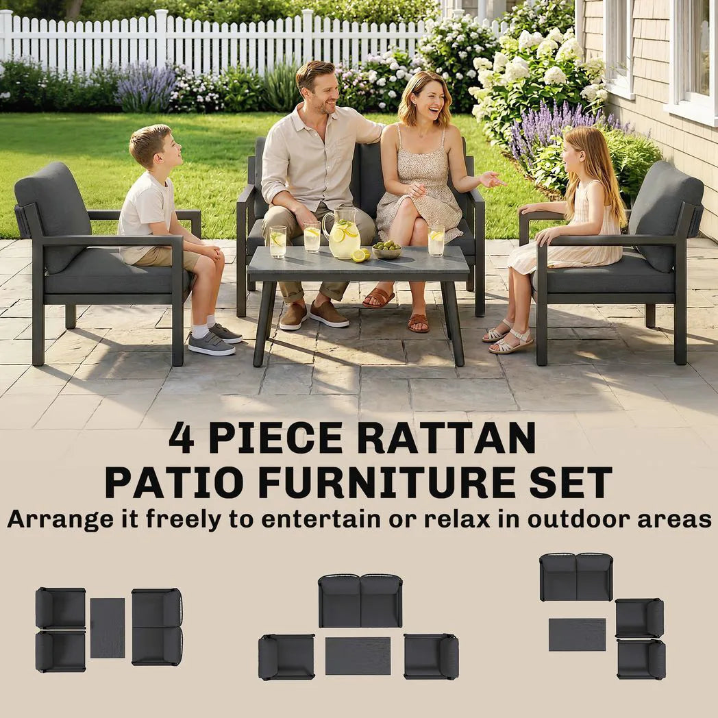Outsunny 4 Seater Rattan Garden Set with 2 Armchairs, Loveseat, Coffee Table and Cushions – Dark Grey