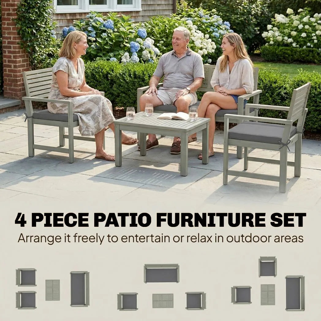Outsunny 4 Seater Acacia Wood Garden Furniture Set with Loveseat, Armchairs and Table – Patio Sofa Set, Light Grey