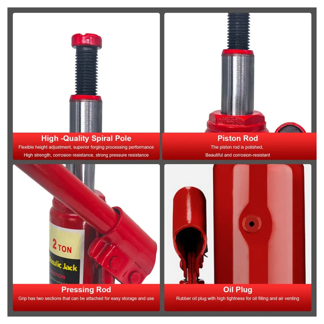 Hydraulic Bottle Jack 2 Tonne with Overload Safety Valve – High Lift for Car, Van, Trailer & Boat, Red