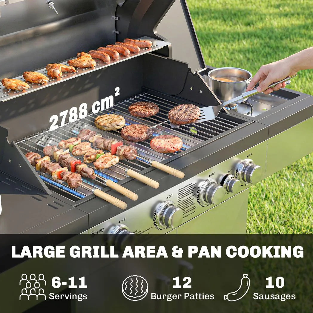 Outsunny 4 Burner Gas BBQ Grill with Side Burner, Warming Rack, Side Shelf & Storage Cabinet – Portable Propane Barbecue