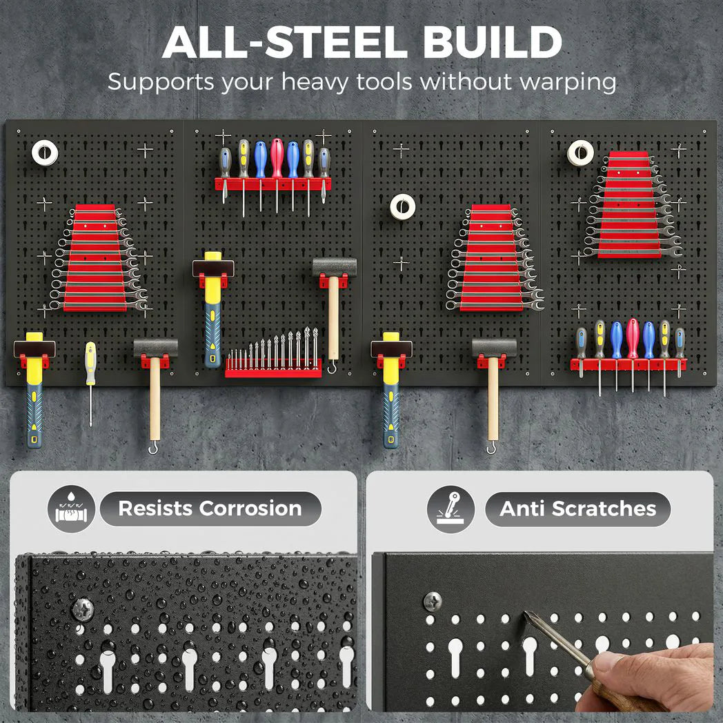 HOMCOM 38-Piece Wall-Mounted Pegboard Set with 4 Steel Boards – Garage Tool Storage Organiser, Black and Red