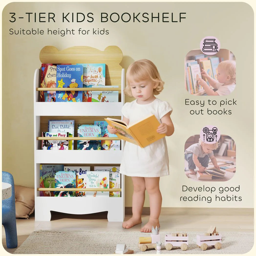 AIYAPLAY Kids 3-Tier Bookshelf with Bear Design, Anti-Tip Device and Guardrails – Children's Bookcase, White