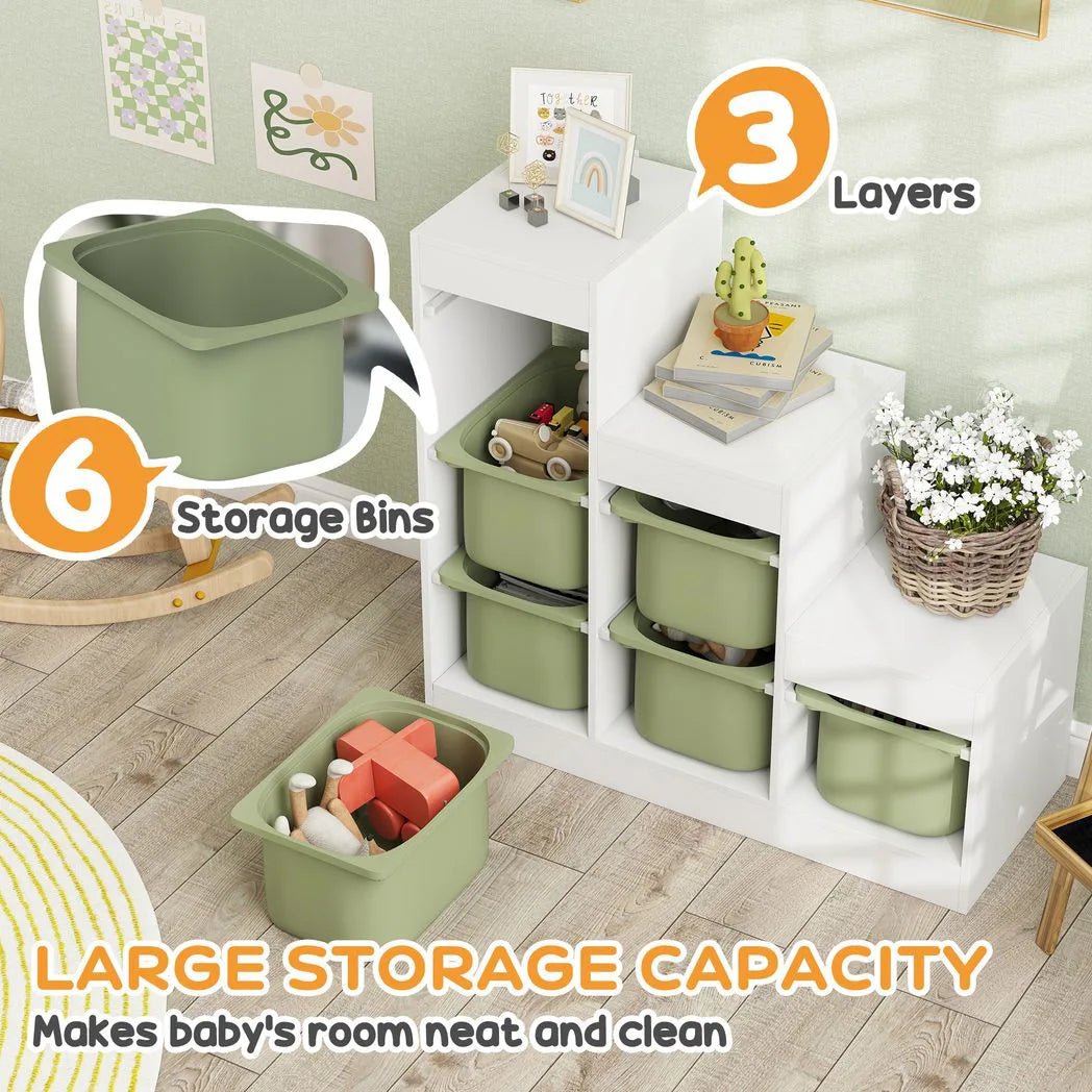 AIYAPLAY 3-Tier Kids Toy Storage Organiser with 6 Removable Bins – Green, Ages 3-8