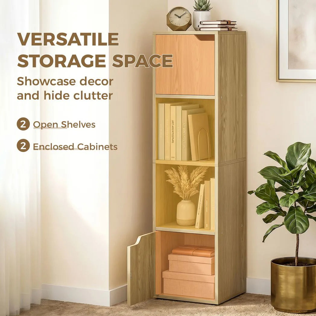HOMCOM Narrow 4-Tier Bookcase with Open Shelves and Cabinet Doors – Slim Storage Unit, Oak