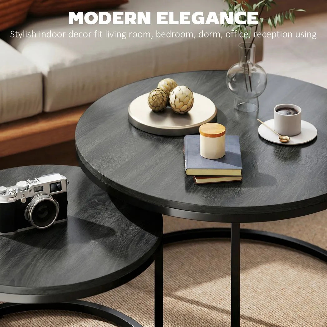HOMCOM Set of 2 Round Nesting Coffee Tables with Wood-Effect Top & Steel Frame – Stacking Side Tables, Black