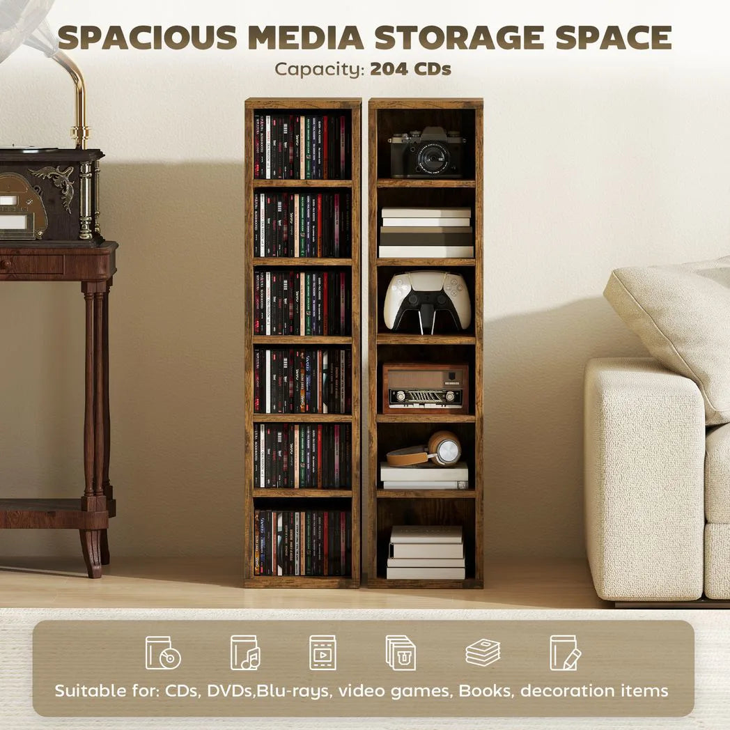HOMCOM Set of 2 CD Media Storage Towers with Adjustable Shelves, Holds 204 CDs, Rustic Brown