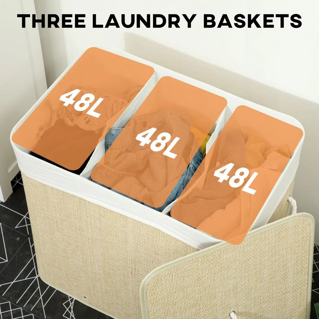 HOMCOM 3 Section Laundry Basket with Lid, 144L Bamboo Laundry Hamper with Handles and Liner, Cream White