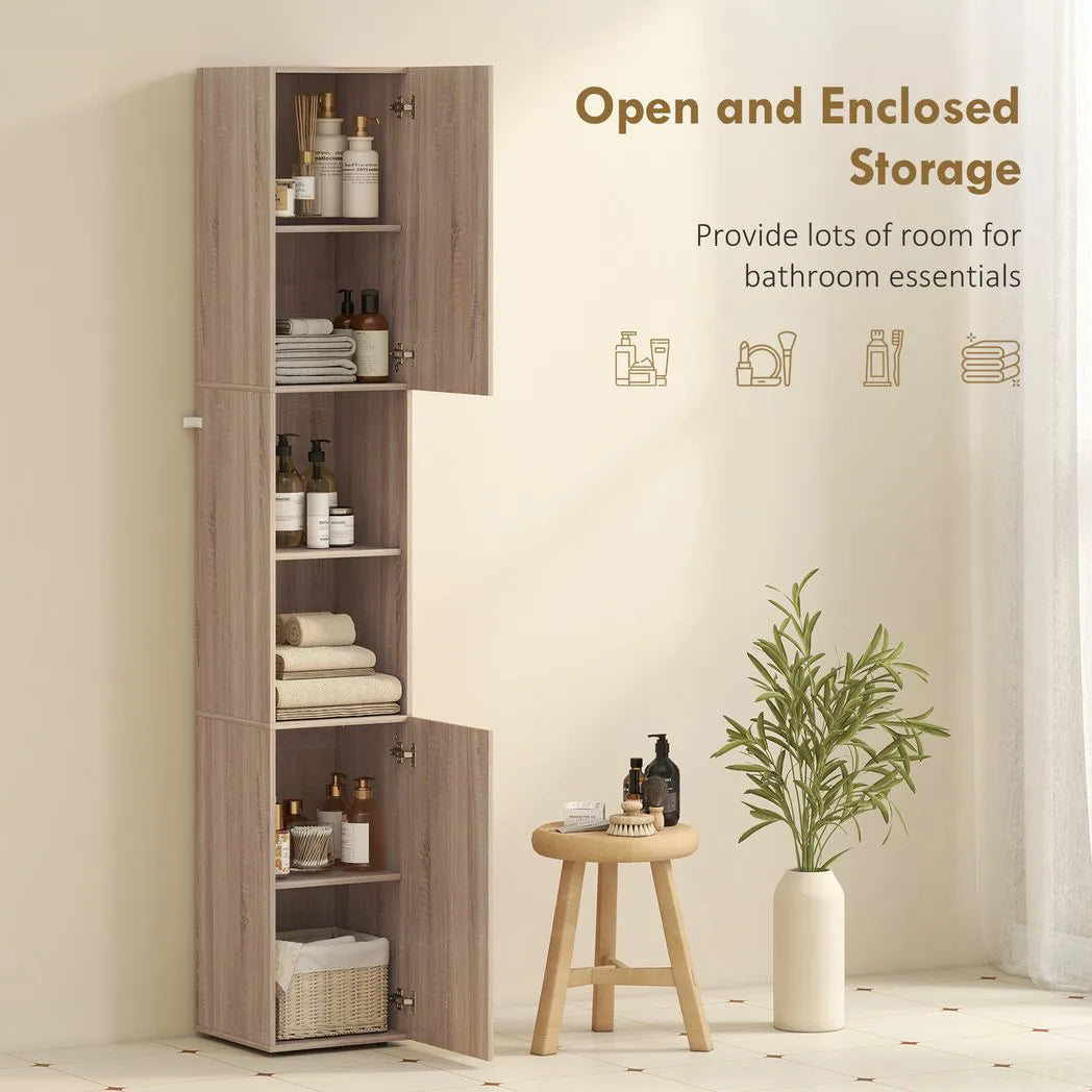 HOMCOM 6-Tier Tall Bathroom Cabinet with Fluted Doors & Adjustable Shelves – Slim Nordic Storage, Natural