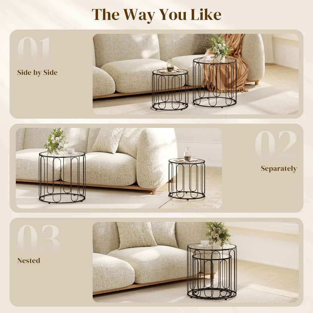 HOMCOM Elliptical Cut-Out Nesting Coffee Tables, Set of 2 with Glass Tops – Sofa Side Tables, Black