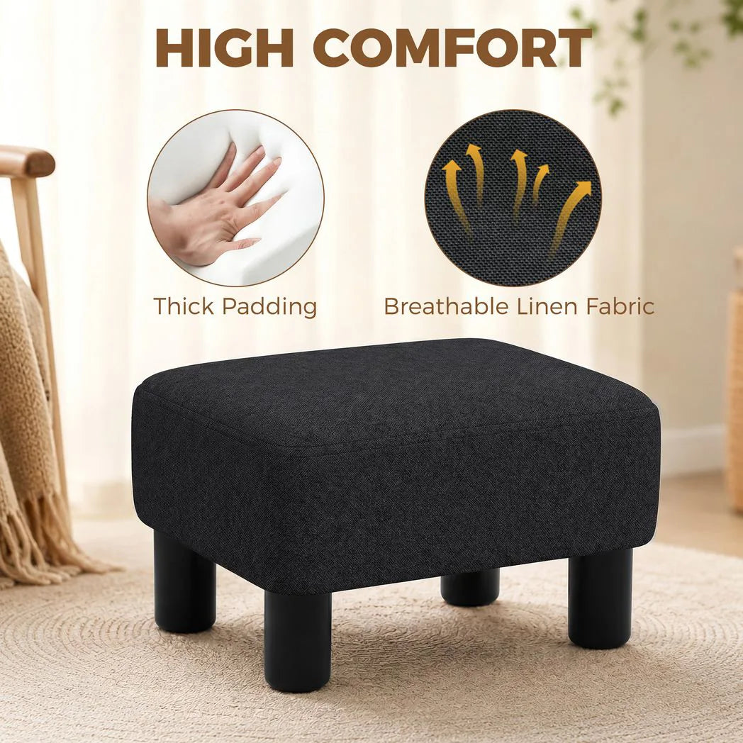 HOMCOM Linen Fabric Footstool Ottoman Cube with 4 Plastic Legs – Padded Bedroom Stool, Black
